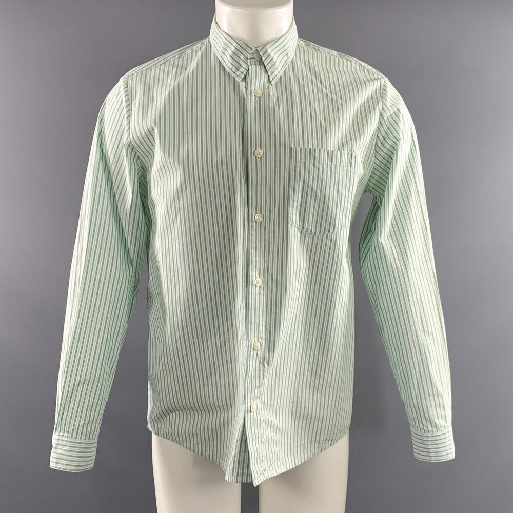A.P.C. Size M Green White & Blue Stripe Cotton Button Up Long Sleeve Shirt